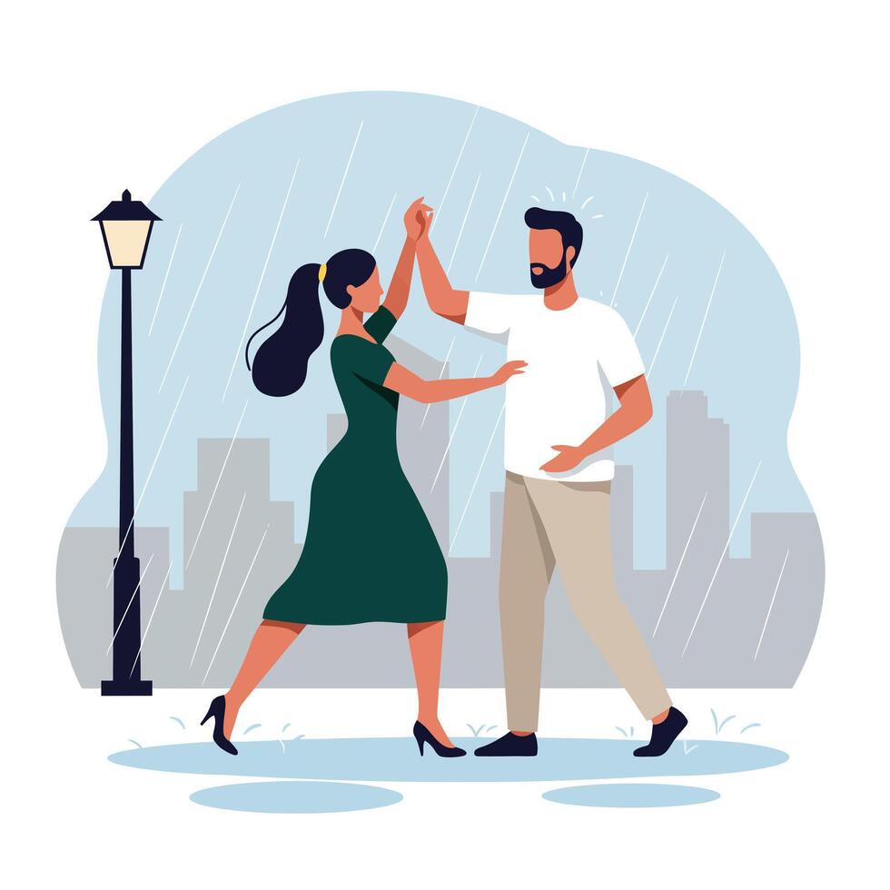 Couple dancing joyfully in the rain, flat and minimal illustration vector