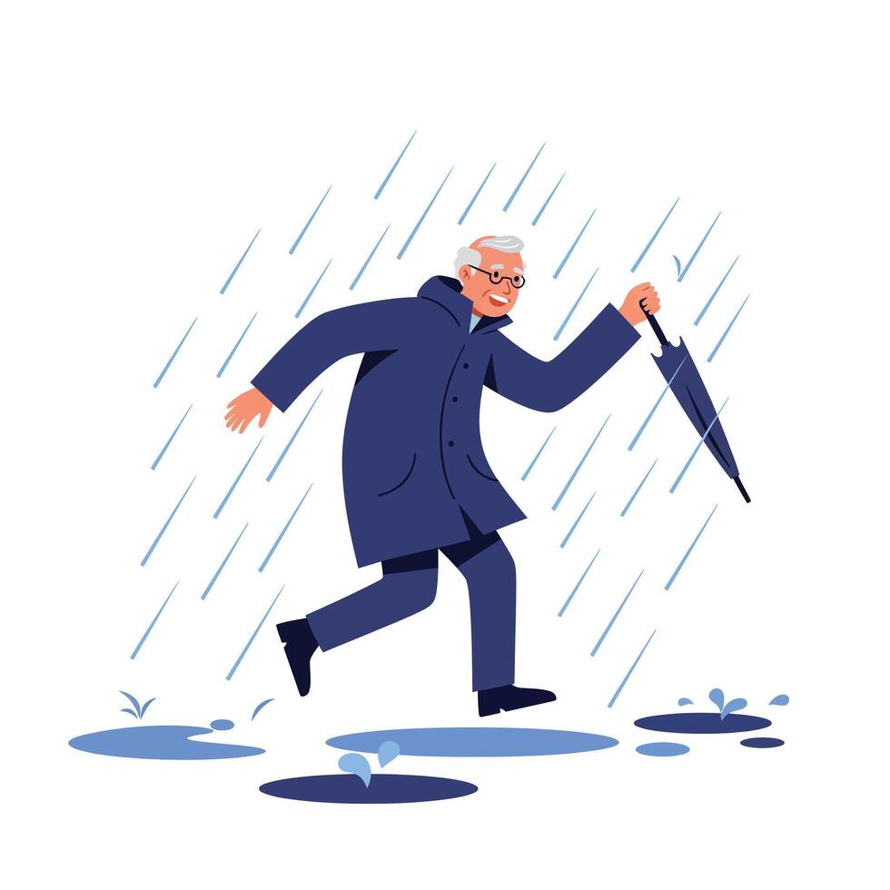 Elderly man running in the rain with an umbrella flat illustration vector