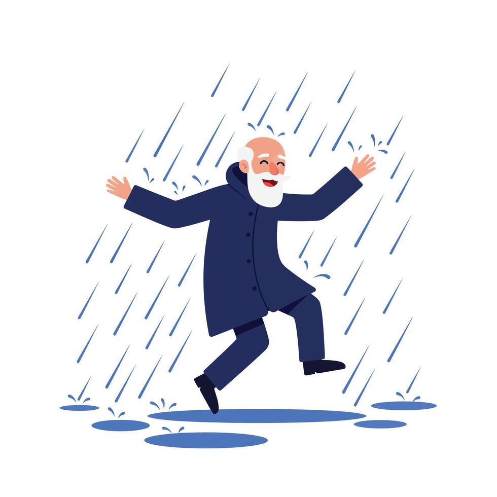 Happy elderly man jumping in puddles during rain in flat art vector