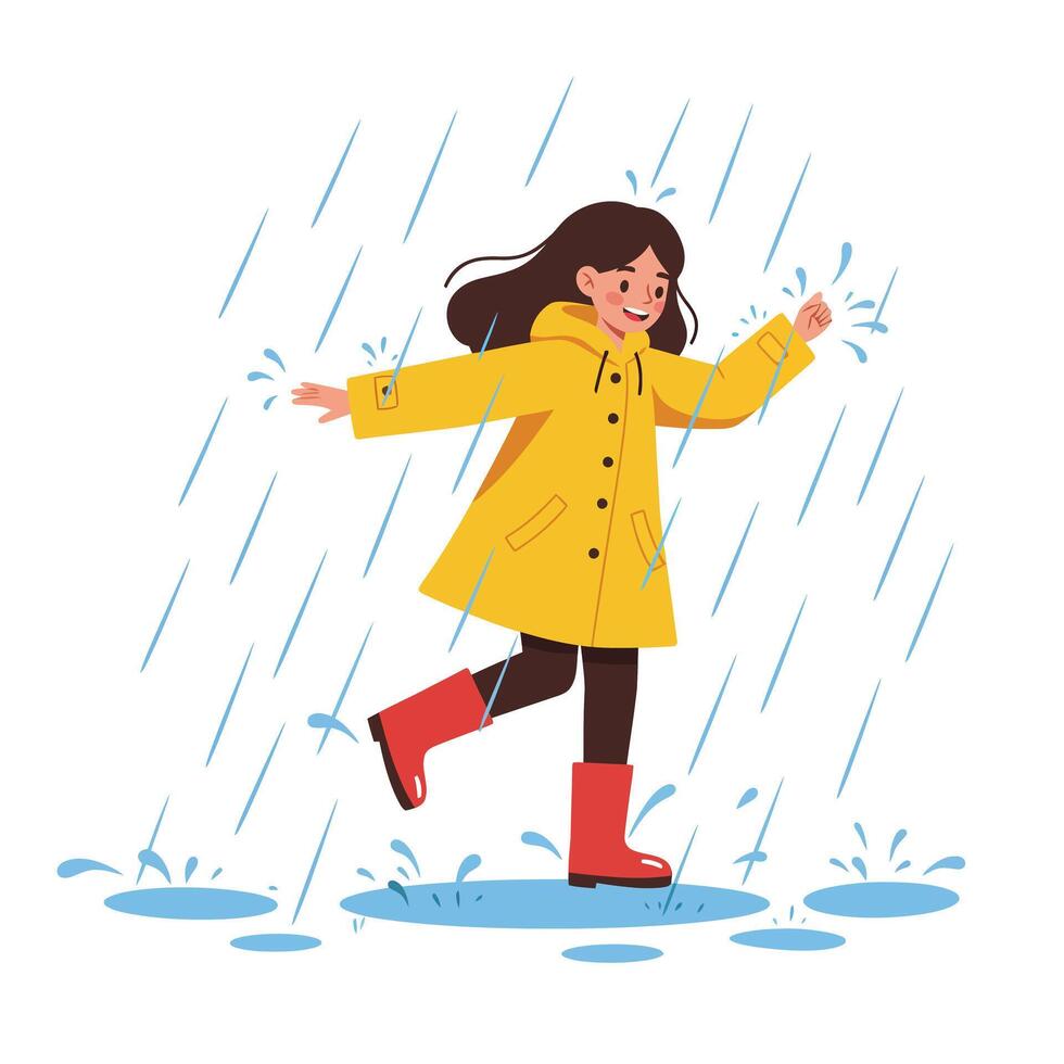 Happy girl in yellow raincoat splashing in puddles detailed illustration vector