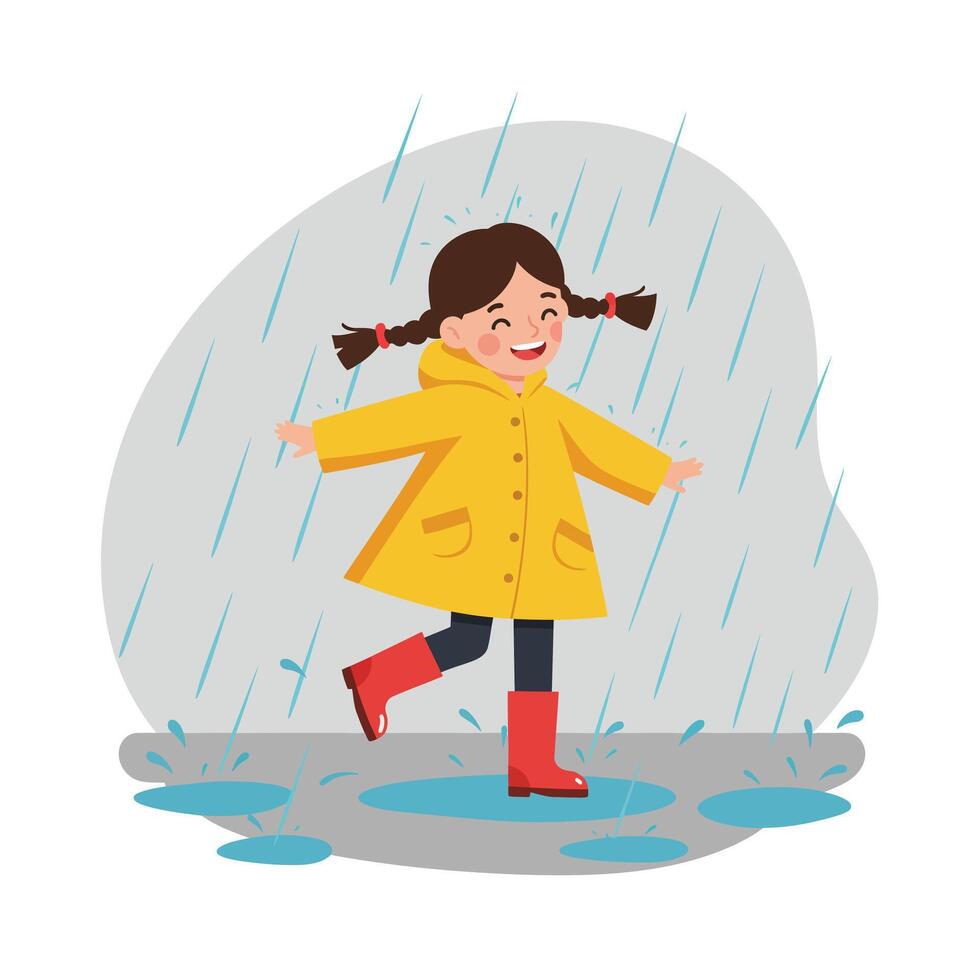 Happy child in yellow raincoat enjoying rain in flat art vector