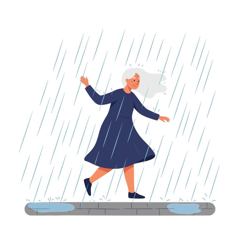 Woman joyfully walking in rain with splashes, flat design art vector