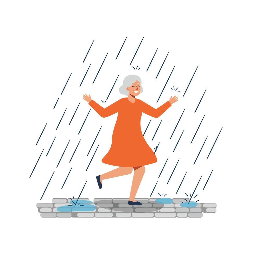 Elderly woman joyfully dancing in the rain with minimalistic flat design illustration vector