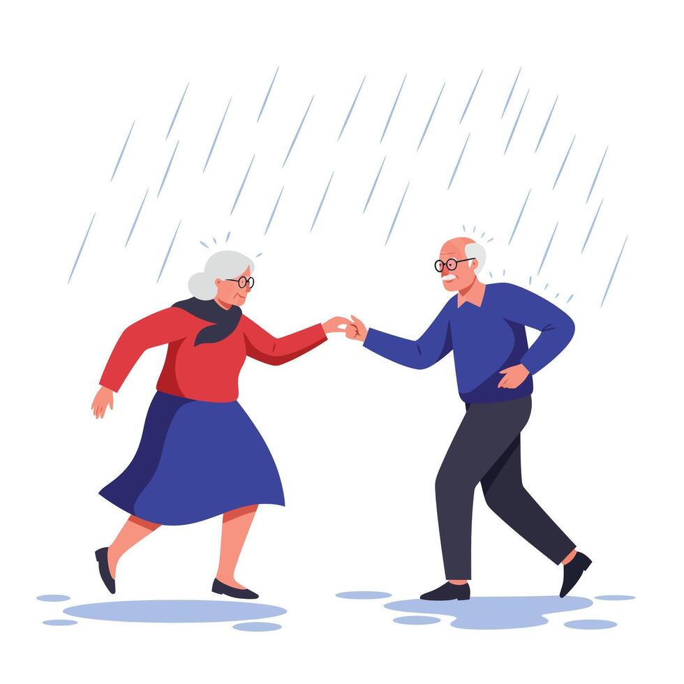 Elderly couple joyfully dancing in the rain with minimalistic art style illustration vector