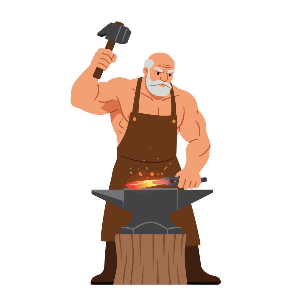 Strong blacksmith shaping metal with hammer in flat art vector