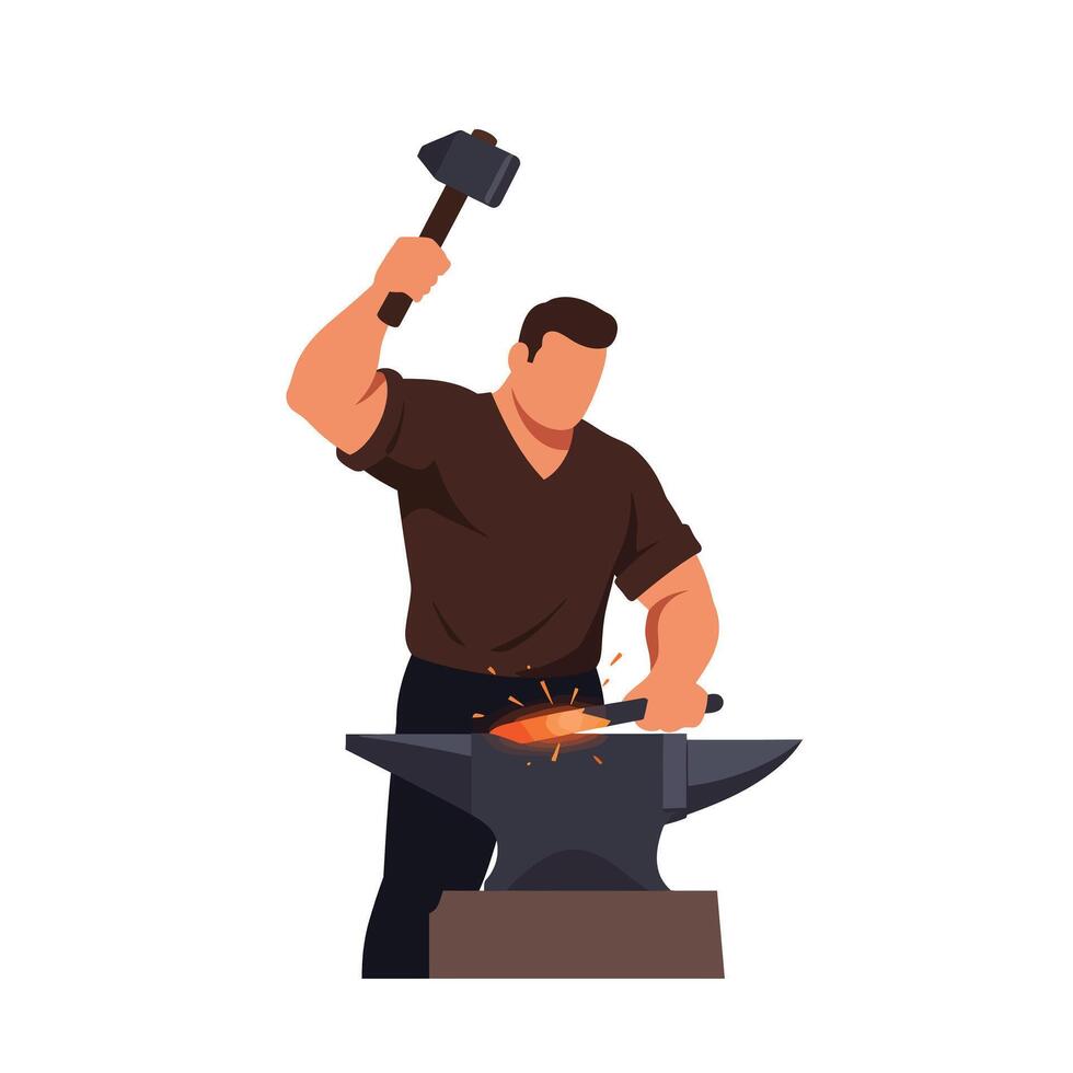 Blacksmith crafting metal with hammer in flat art style vector