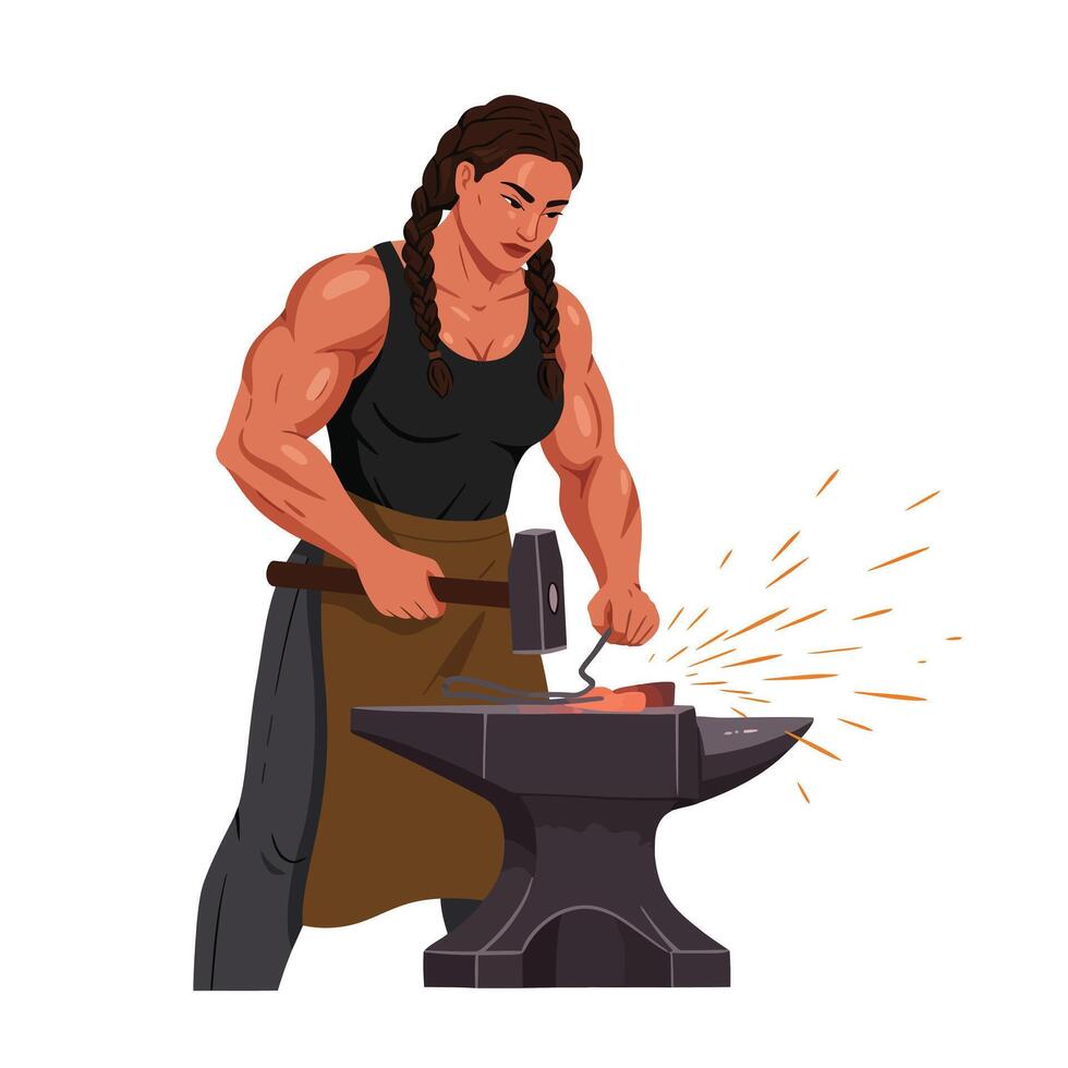Strong blacksmith woman forging metal with anvil in flat art vector