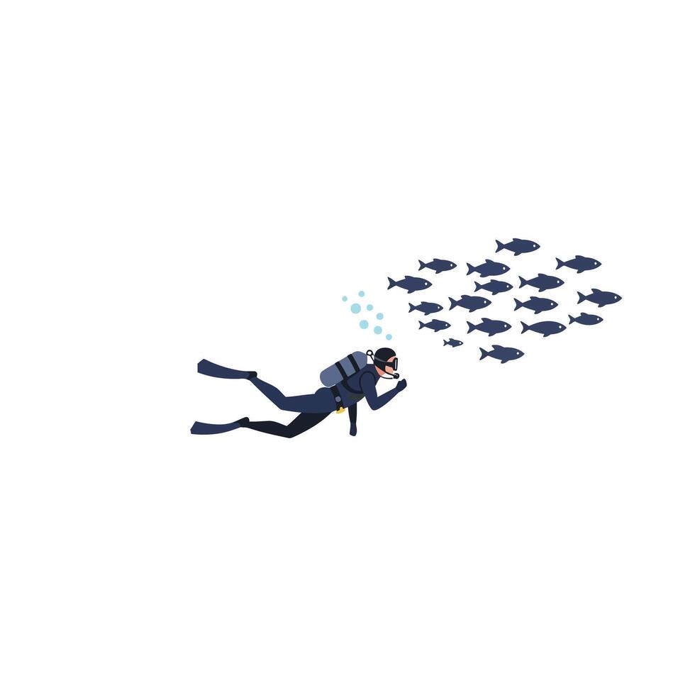 Scuba diver exploring underwater world in flat art style with fish and bubbles vector