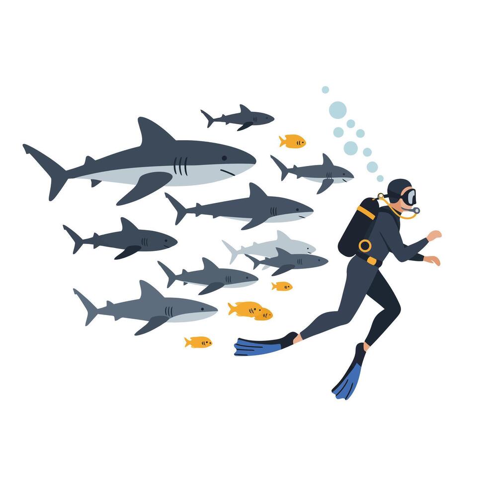 Diver exploring underwater scene with sharks in flat illustration vector