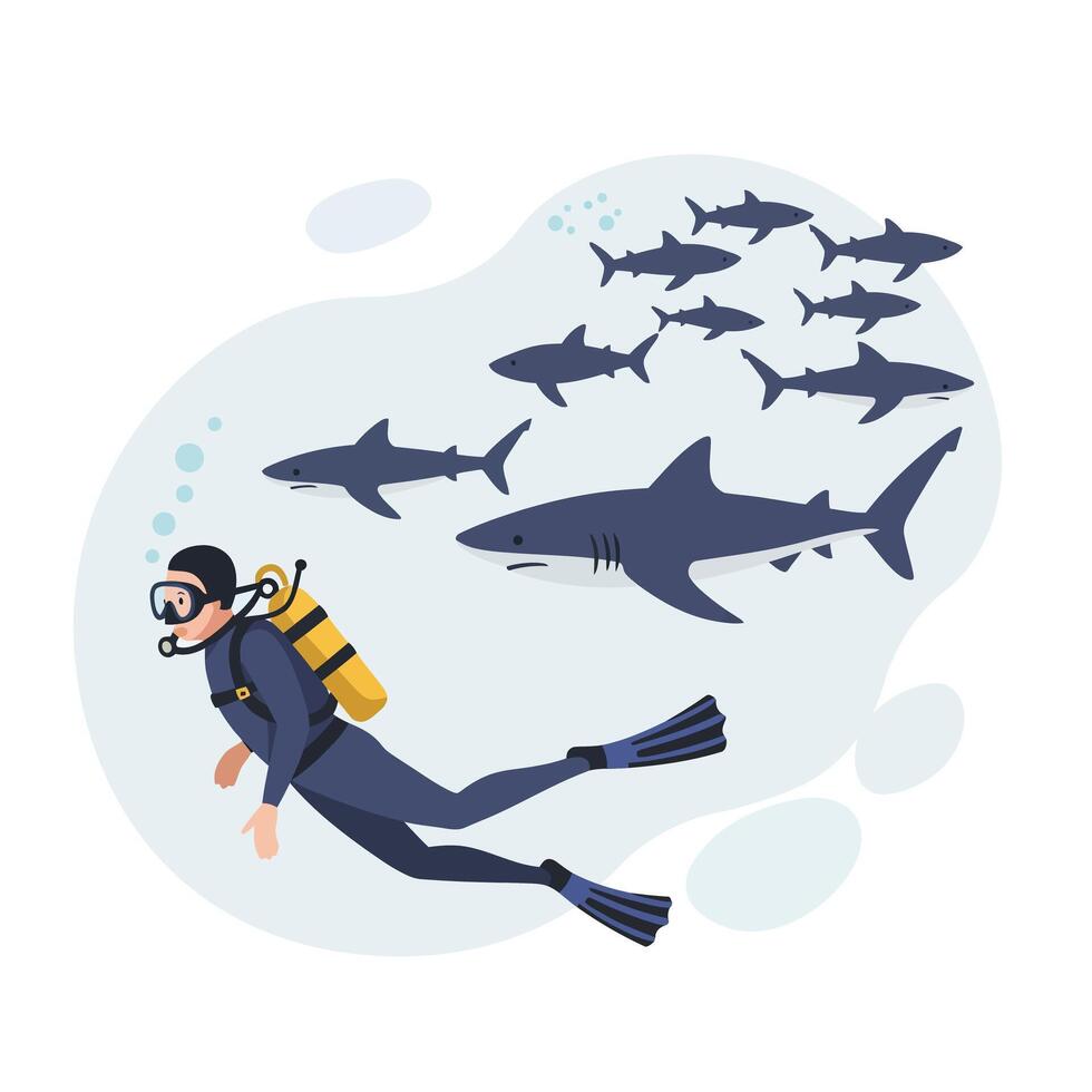 Diver swimming with sharks in flat minimal art illustration vector