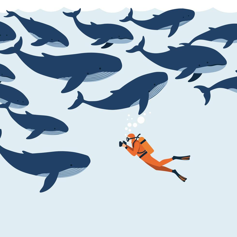 Diver capturing images of majestic whales in a flat minimal art vector