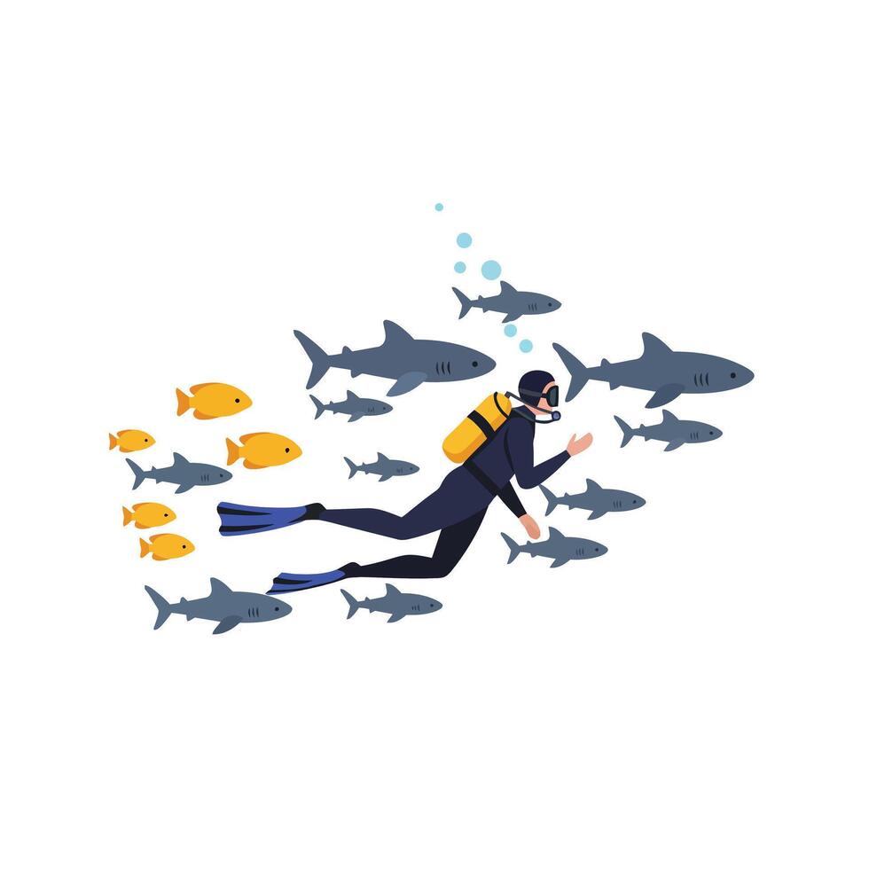 Scuba diver exploring underwater world with fish and sharks in flat art vector
