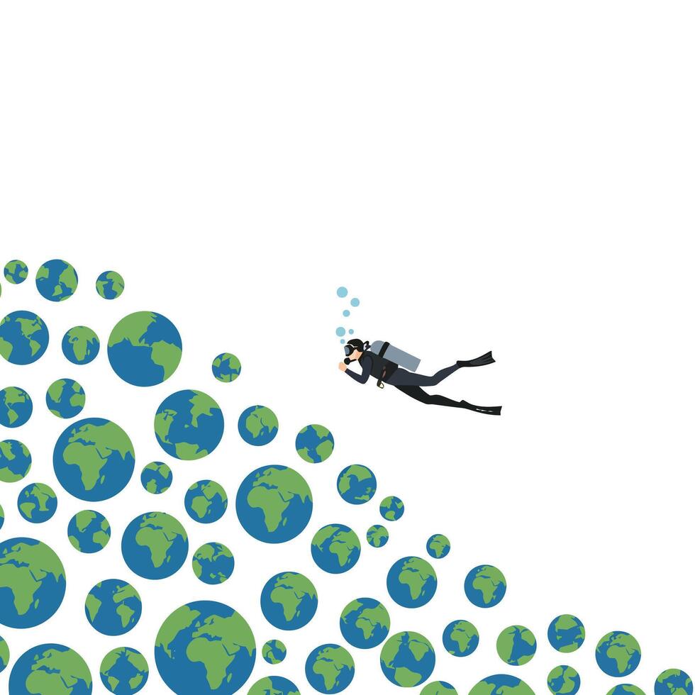 Diver exploring underwater world with floating Earth globes in minimal art vector
