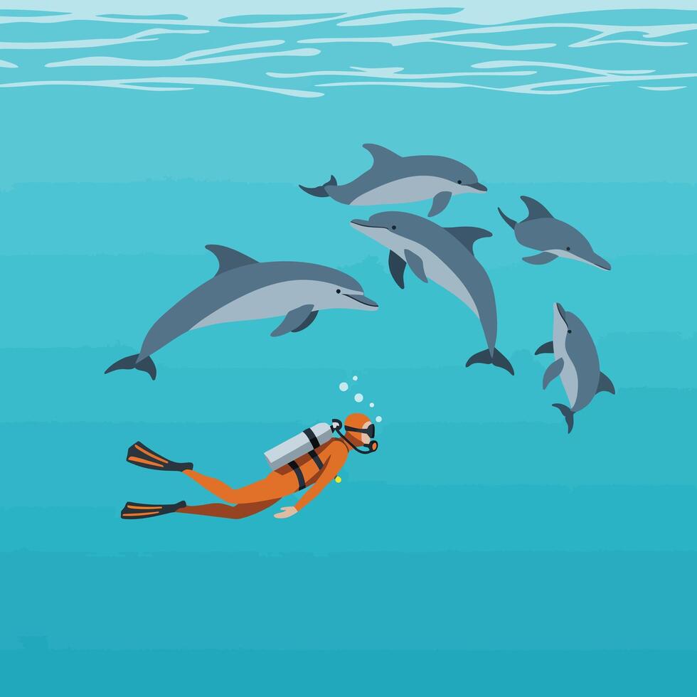 Dolphin interaction with scuba diver in flat art style illustration vector