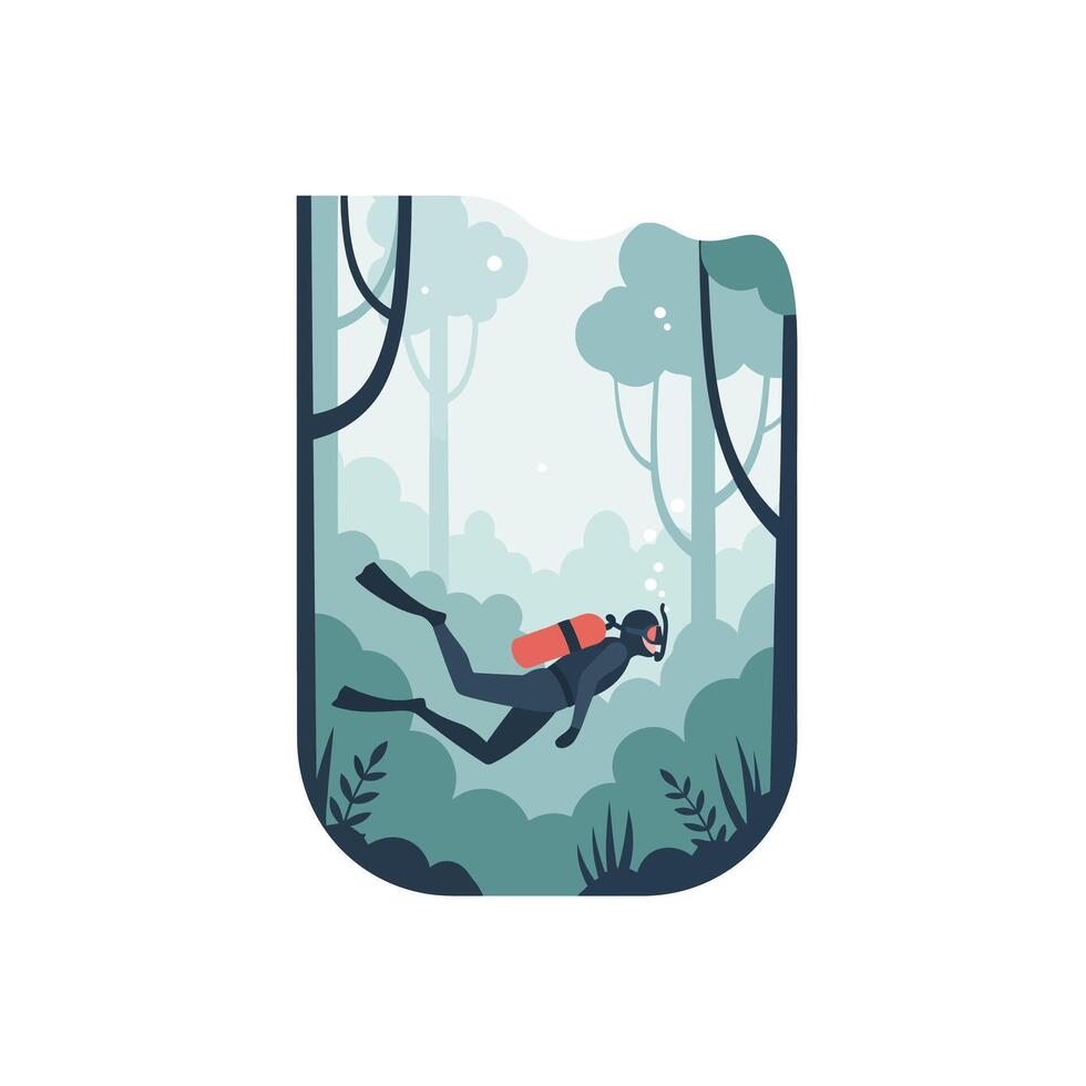 Diver exploring underwater forest in flat minimal illustration style art vector