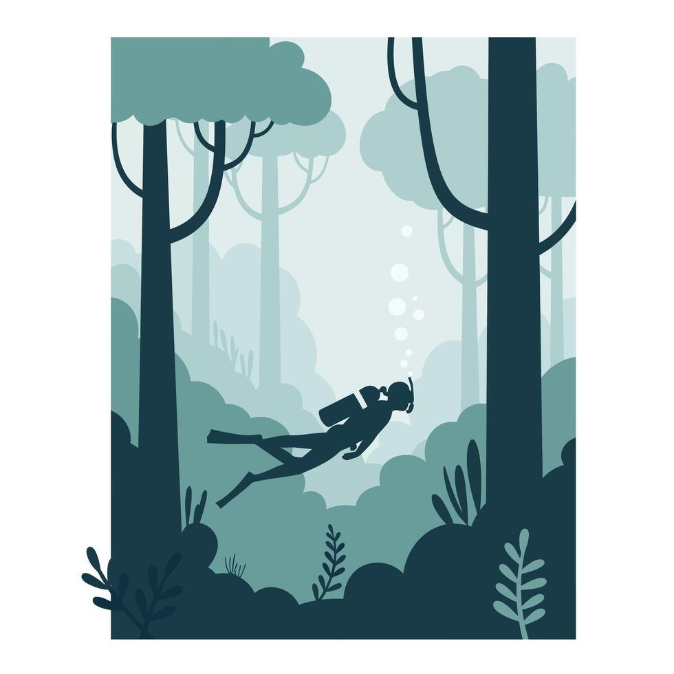 Scuba diver exploring underwater forest in minimal flat art vector