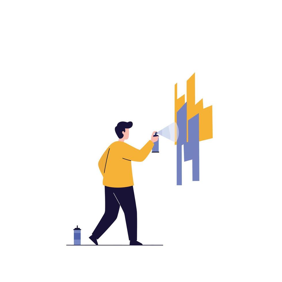 Man spraying paint on wall in minimal flat illustration vector