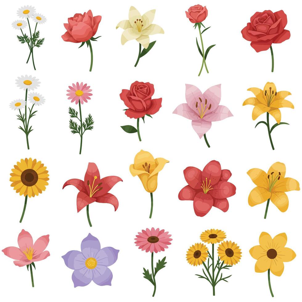 Colorful flower bouquet arranged in a grid style with flat illustration vector