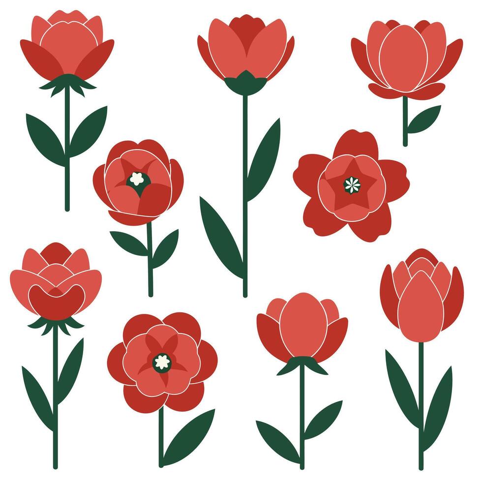Red floral arrangement featuring various flower designs in flat style art vector