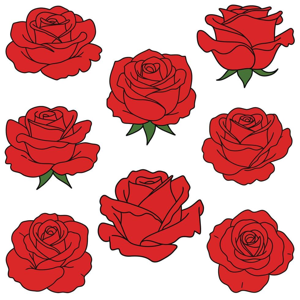 Red roses arranged in a playful pattern with flat design elements in art vector