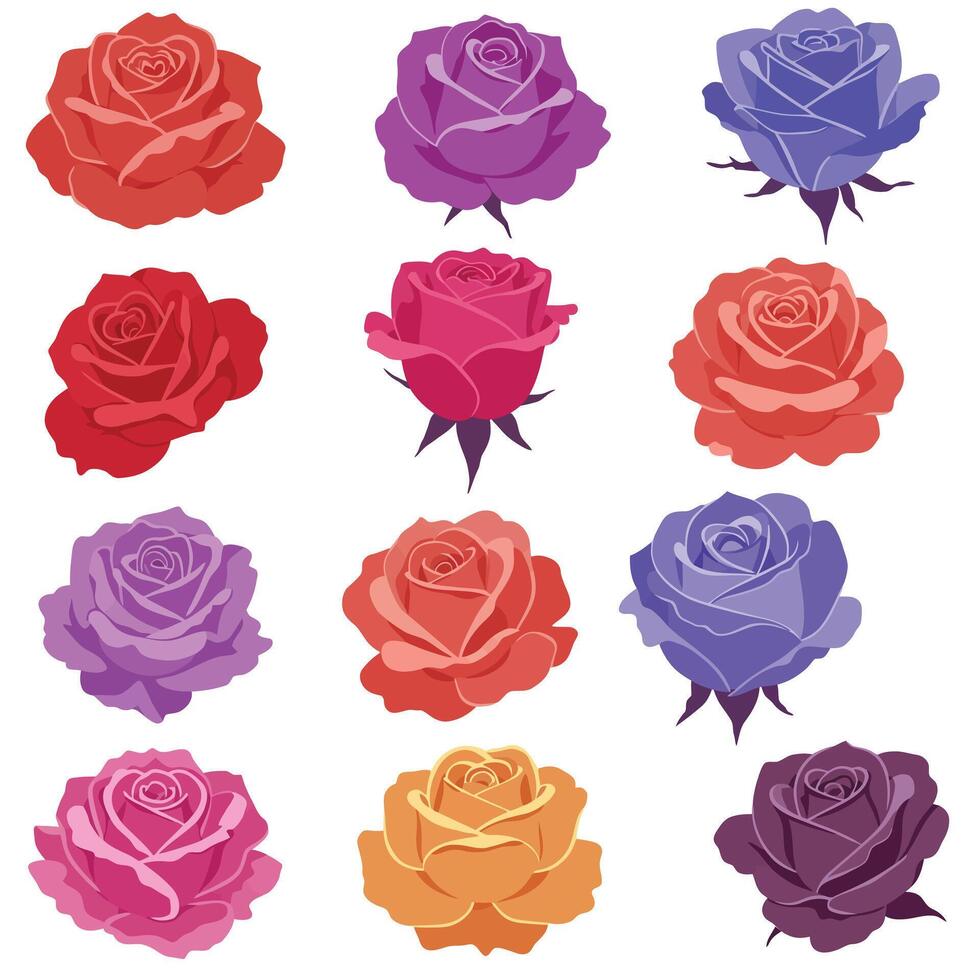 Colorful rose flower collection in flat design style art vector