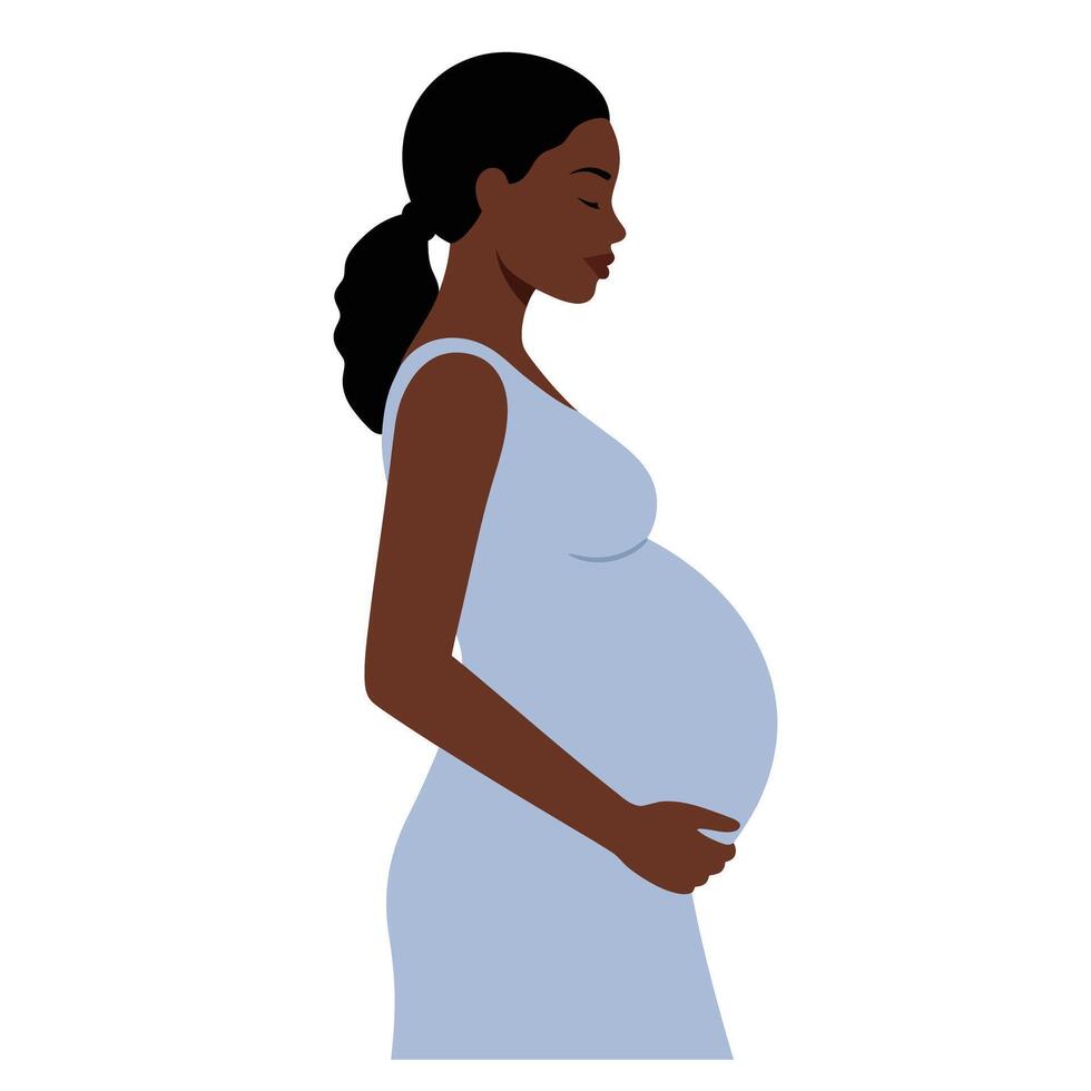 Pregnant woman in profile wearing a blue dress in minimal flat art vector