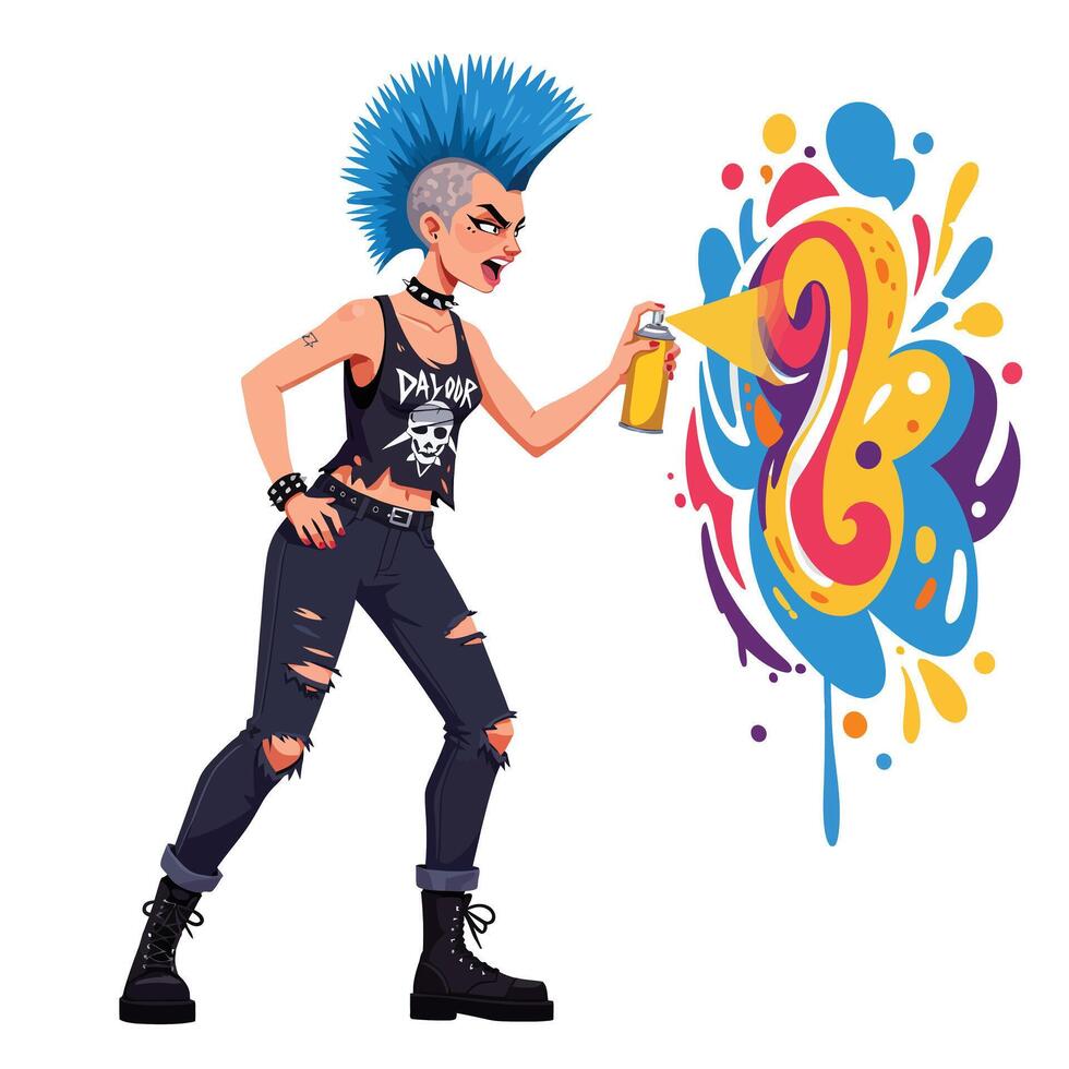 Bold punk character with blue hair creating vibrant spray paint design in flat art vector