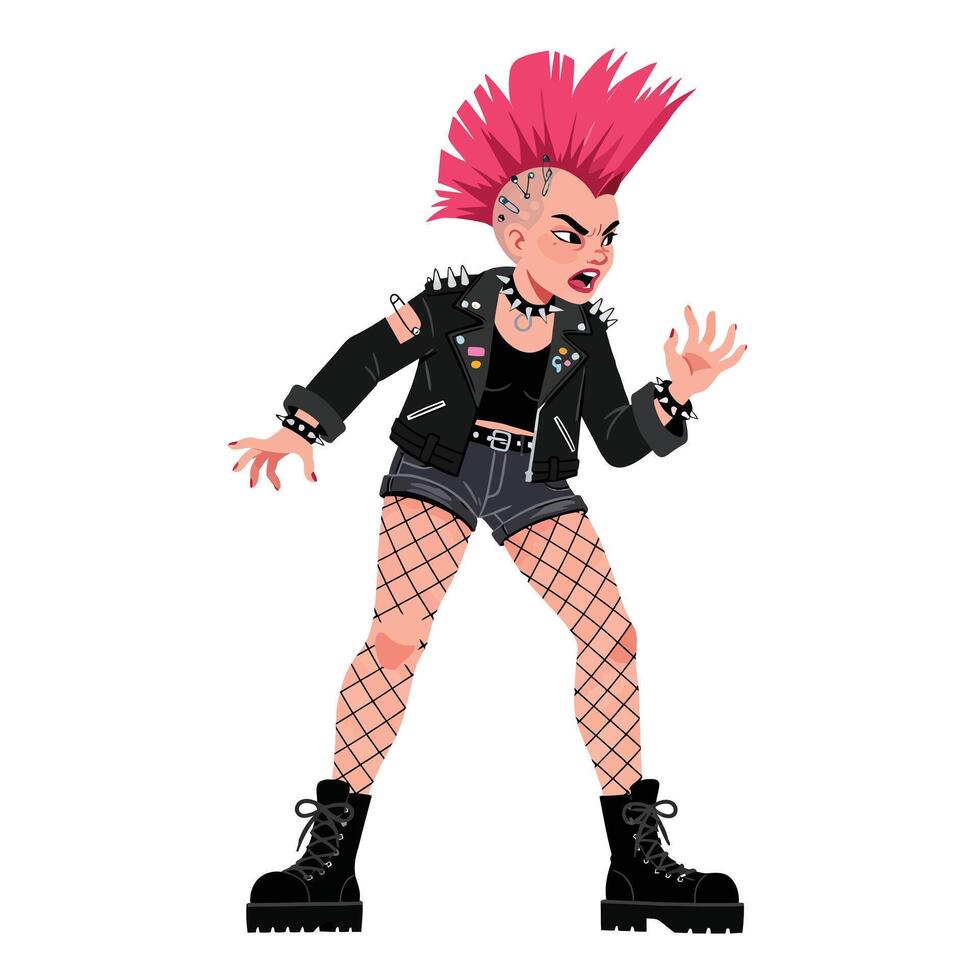 Punk rock girl character with pink mohawk in flat art style vector