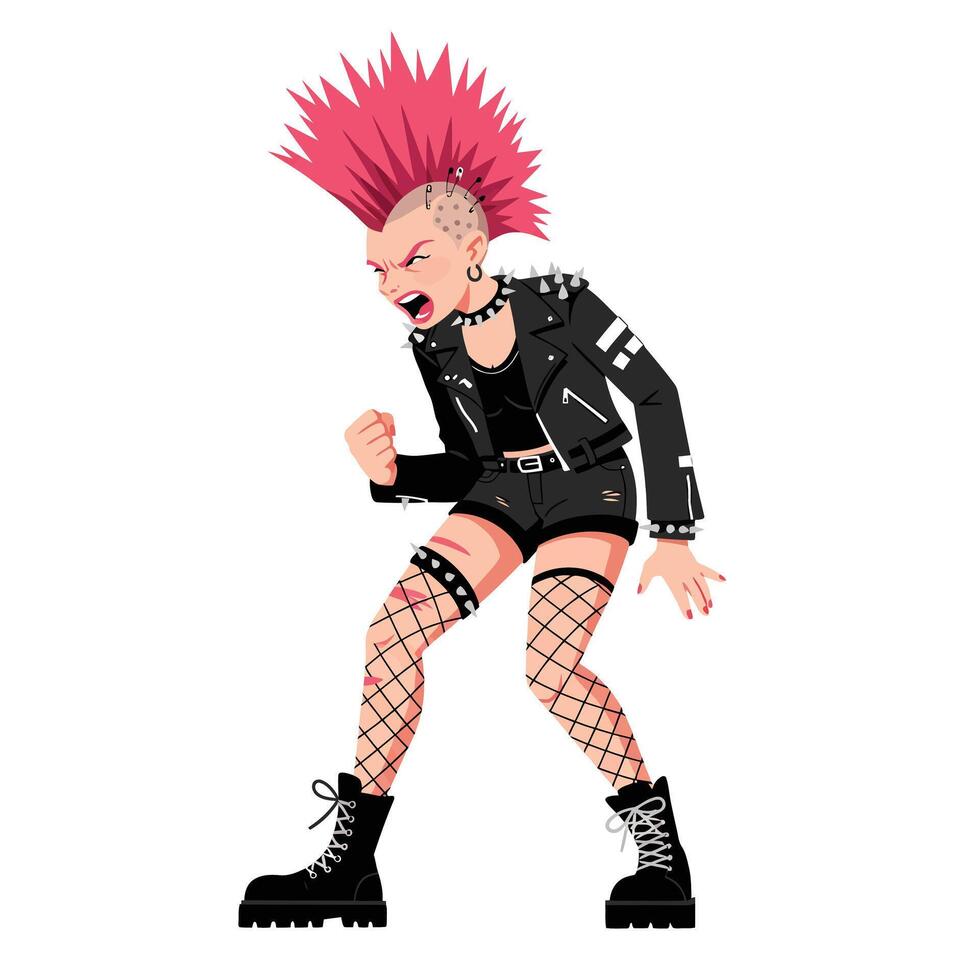 Punk rock character with pink mohawk in detailed flat art vector