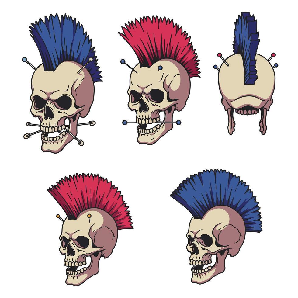 Detailed punk skulls with vibrant mohawks in flat art style showcasing different angles in illustration vector