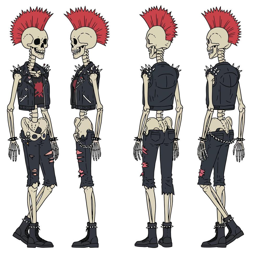 Punk skeleton character design in detailed flat style illustration vector