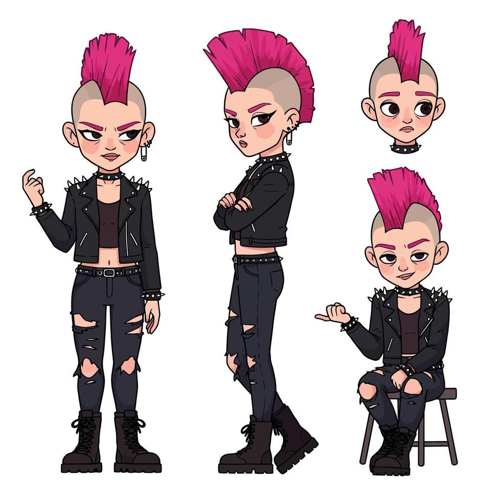 Punk character design with vibrant pink hair in a detailed illustration vector