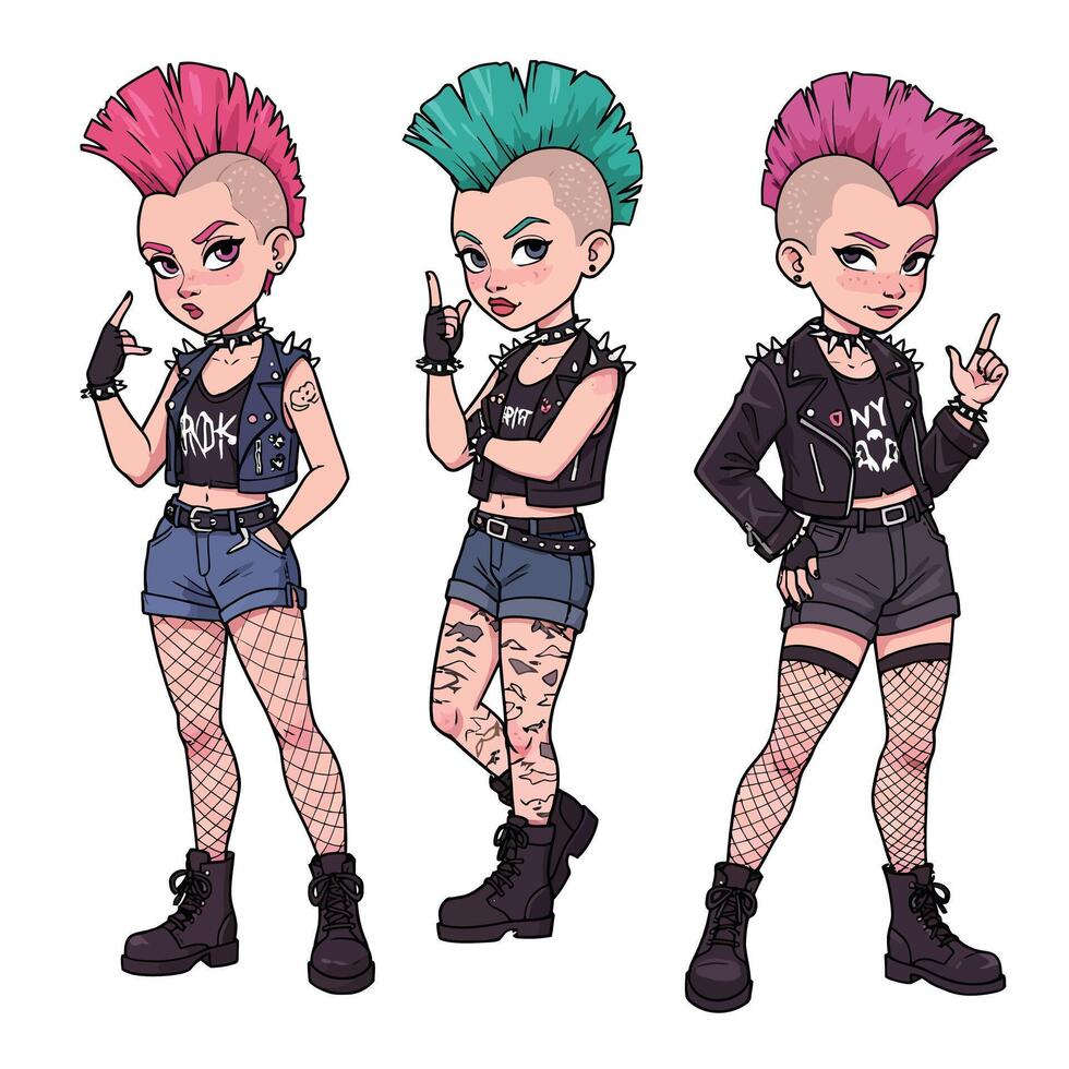 Punk character transformation with vibrant colors and edgy style in flat art vector
