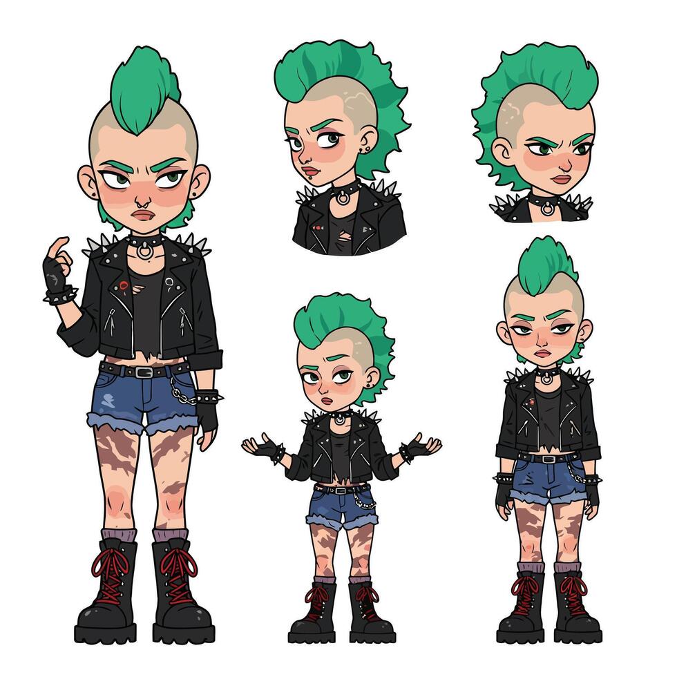 Punk character design featuring vibrant hair and edgy clothing in detailed illustration vector