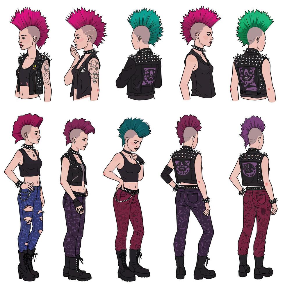 Punk character transformation in flat design showcasing bold hairstyles and edgy fashion in art vector