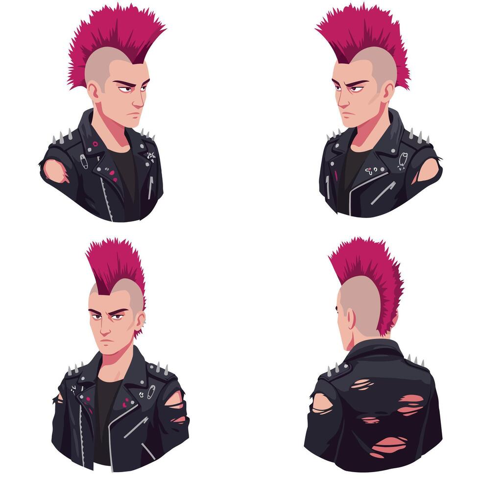 Punk character design in flat style showcasing different angles in illustration vector
