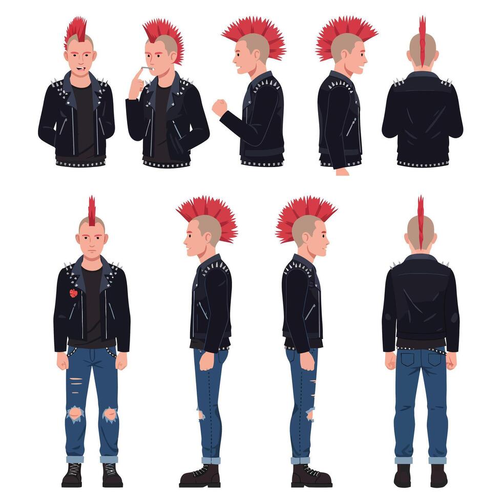 Punk character design with mohawk hairstyle in flat art style showcasing various poses art vector