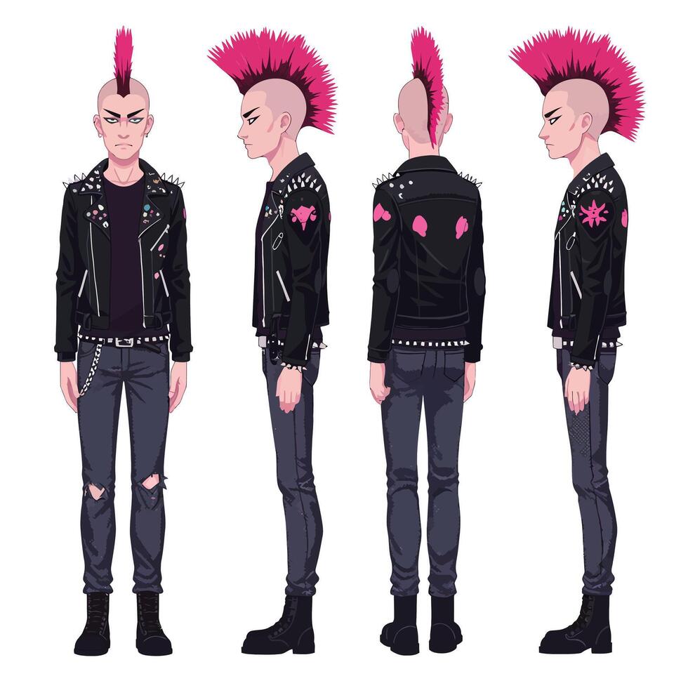 Punk character design in detailed illustration showcasing different angles and vibrant colors vector