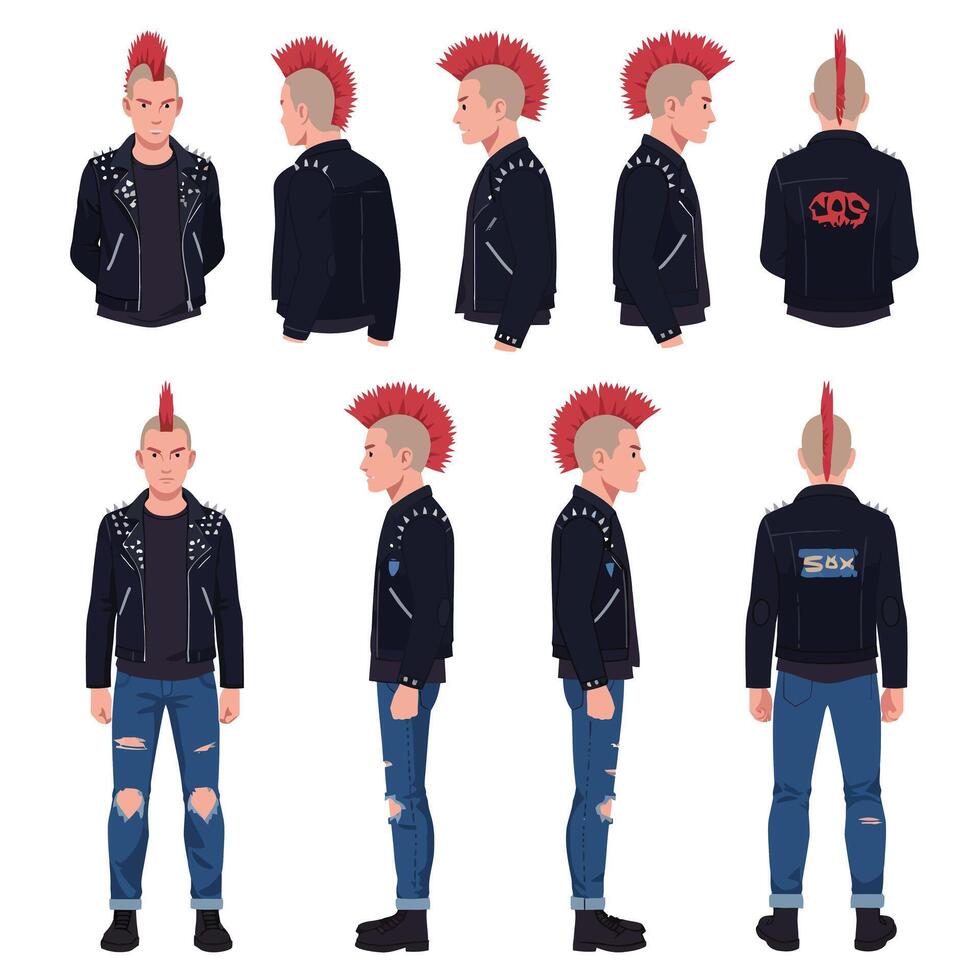 Punk character design showcasing various angles with detailed flat art vector