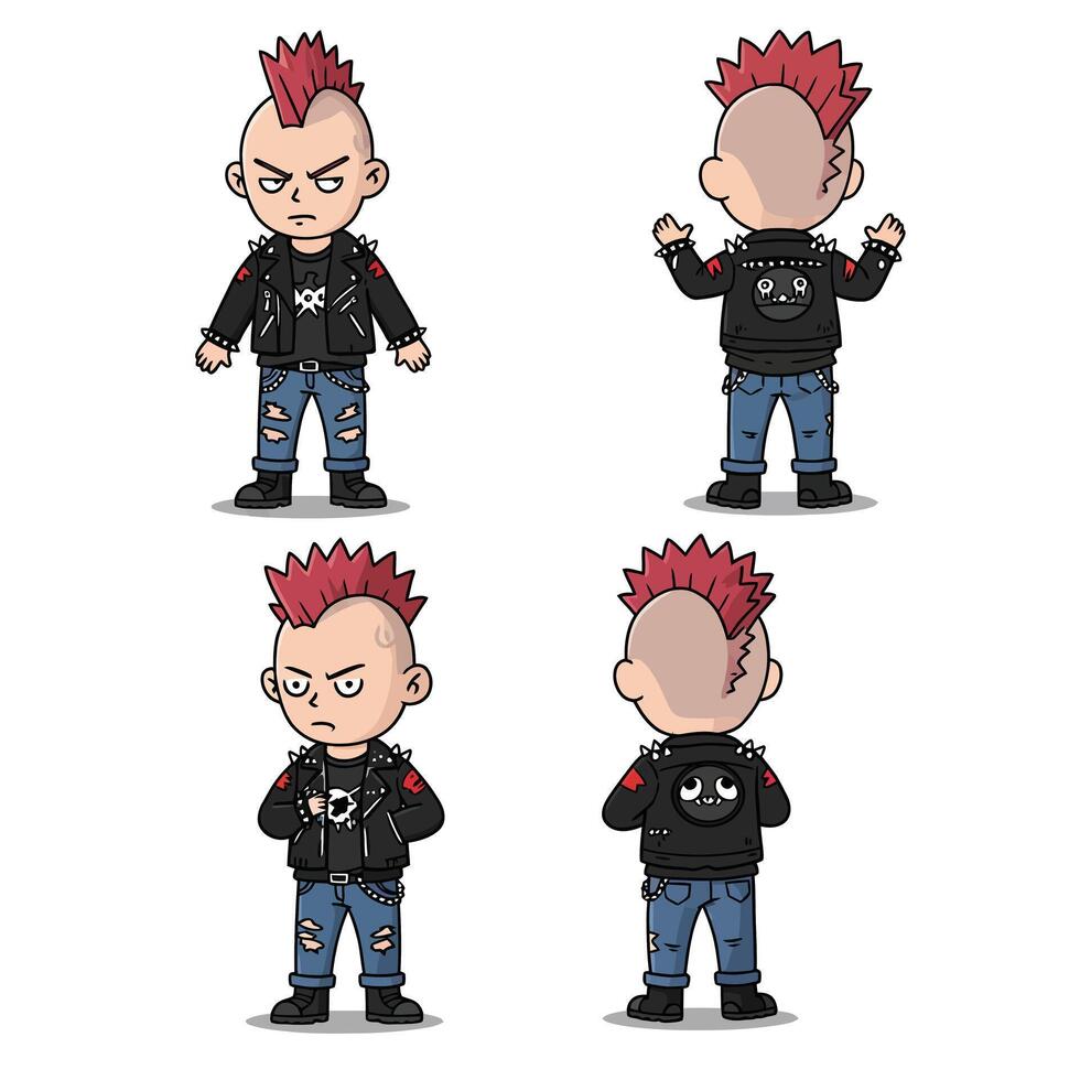 Character design featuring punk style, bold colors, detailed expressions, flat art vector