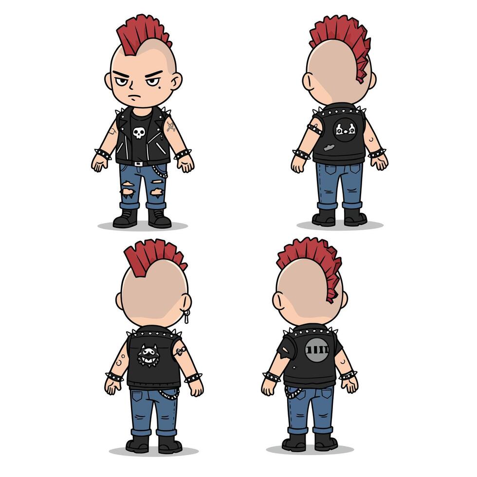Cartoon punk character transformation in flat art style showcasing unique hairstyles and outfits in four frames vector