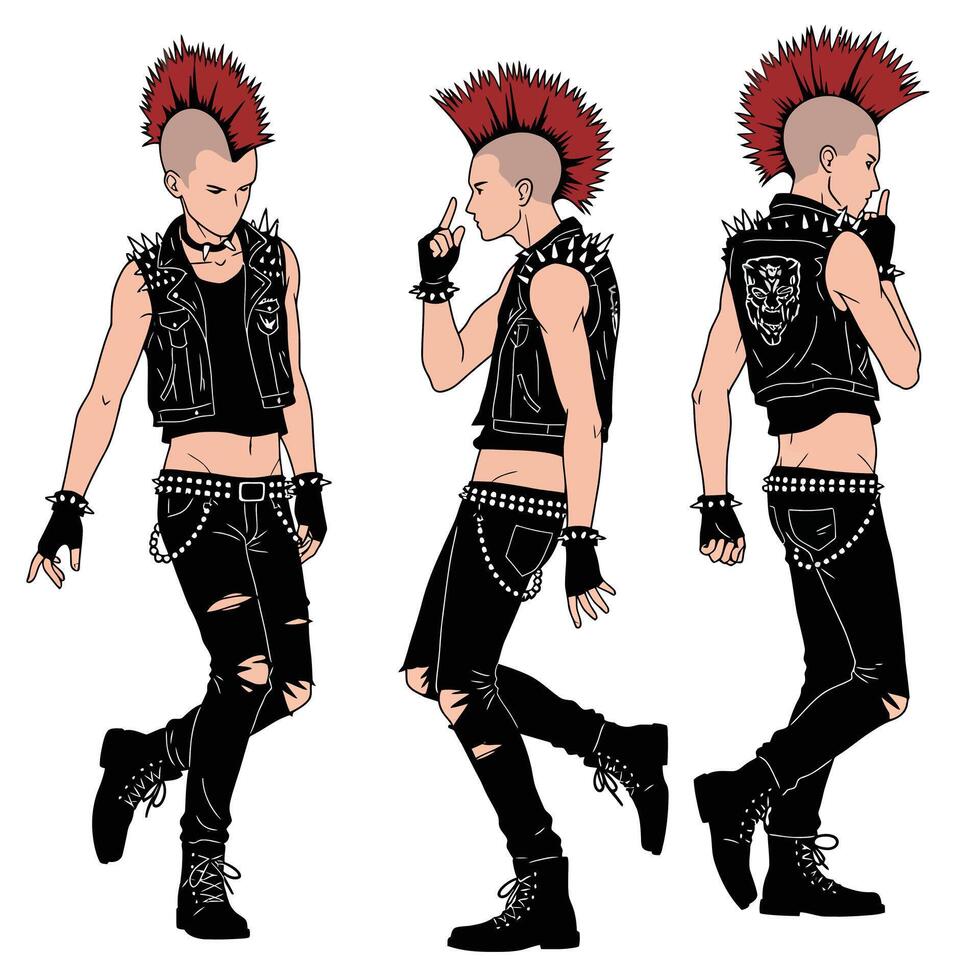 Punk character in dynamic poses with detailed features and vibrant colors illustration vector