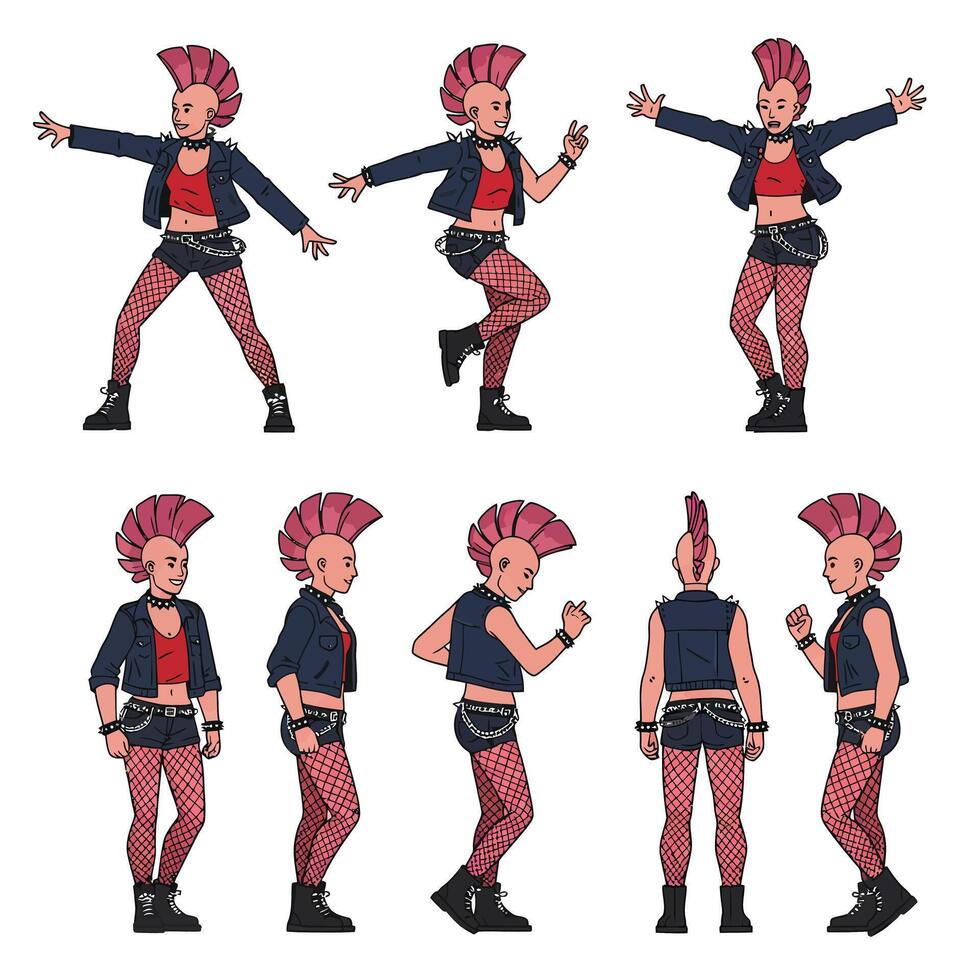 Dynamic punk character in various poses with flat design style art vector