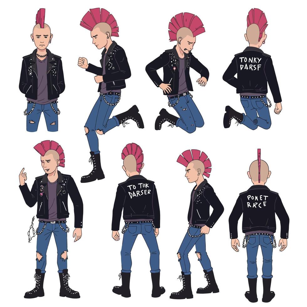 Punk character design in flat style showcasing multiple poses and expressions art vector