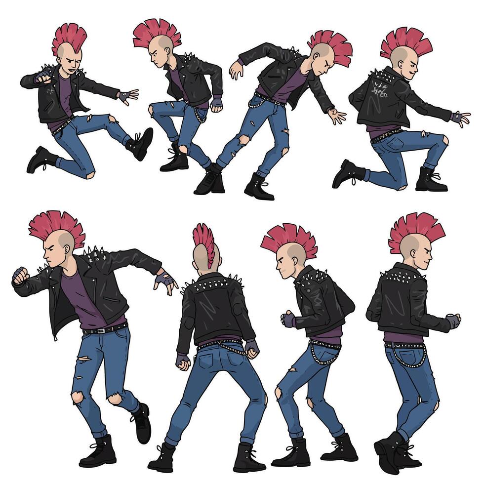 Punk character in dynamic poses with detailed flat design illustration vector