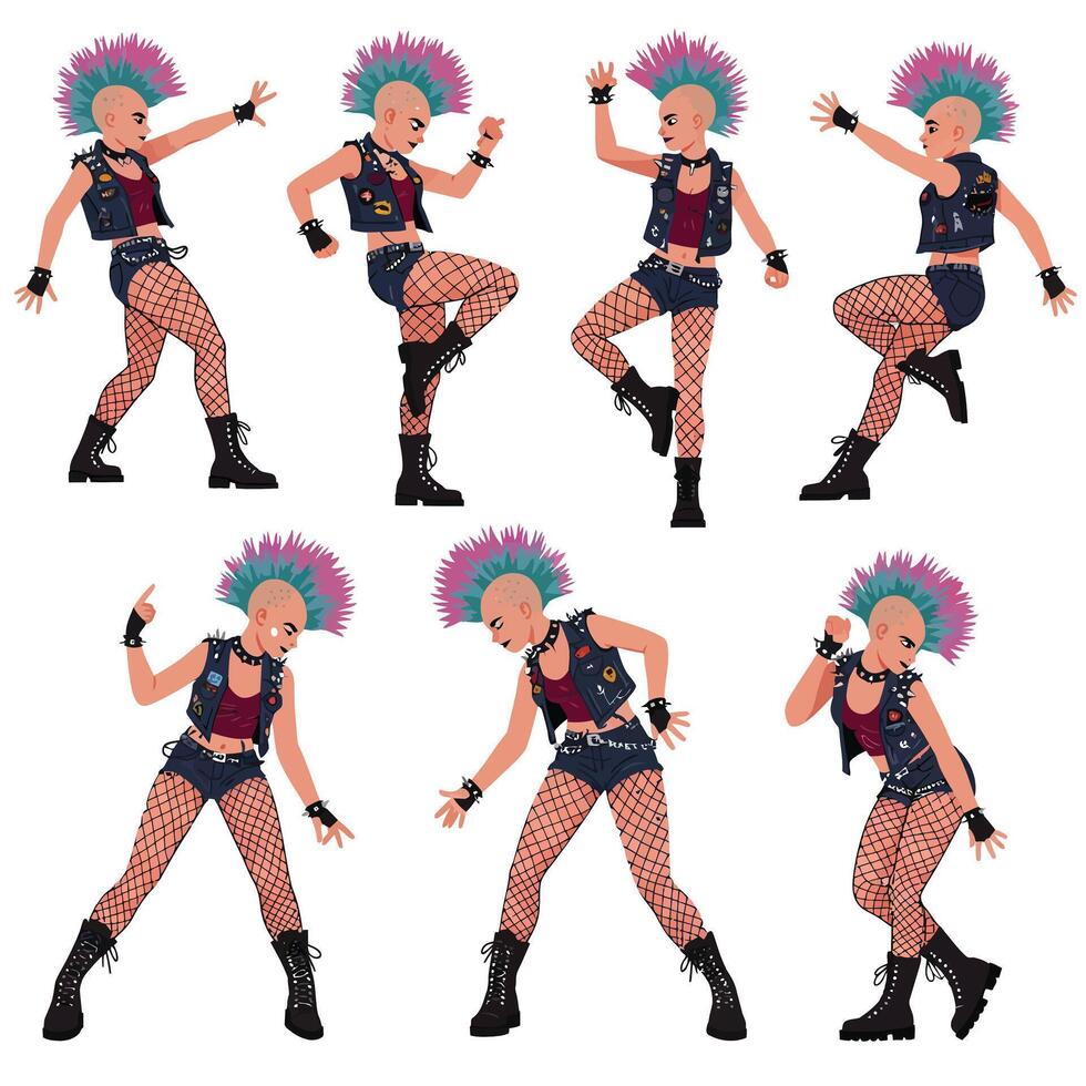 Punk rock dancer in vibrant colors with dynamic poses in flat art vector