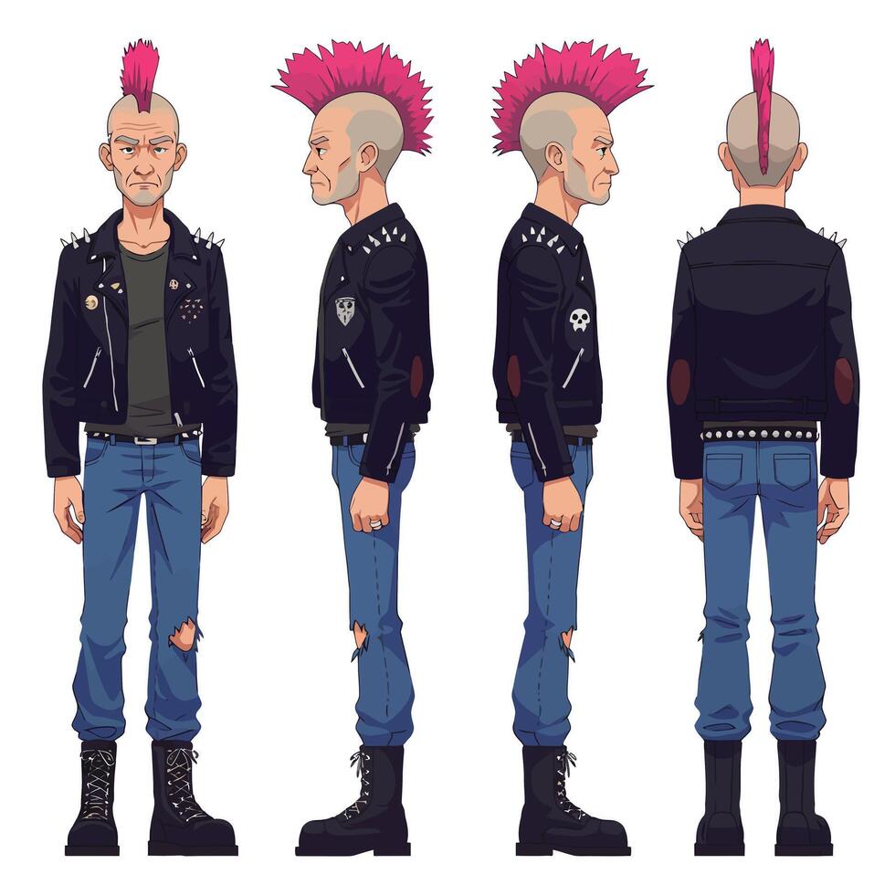 Punk character design featuring detailed flat illustration style in four unique views art vector