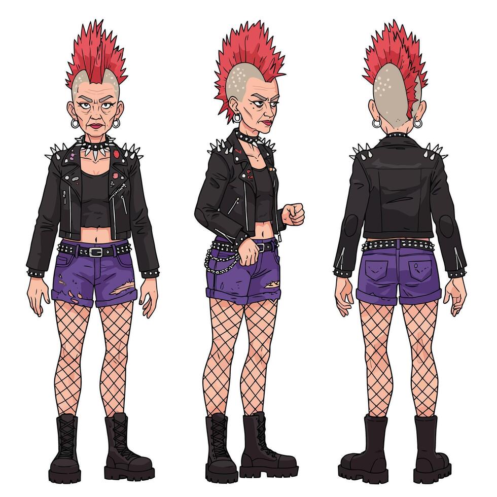 Character design of punk woman in flat illustration style with multiple angles of view art vector