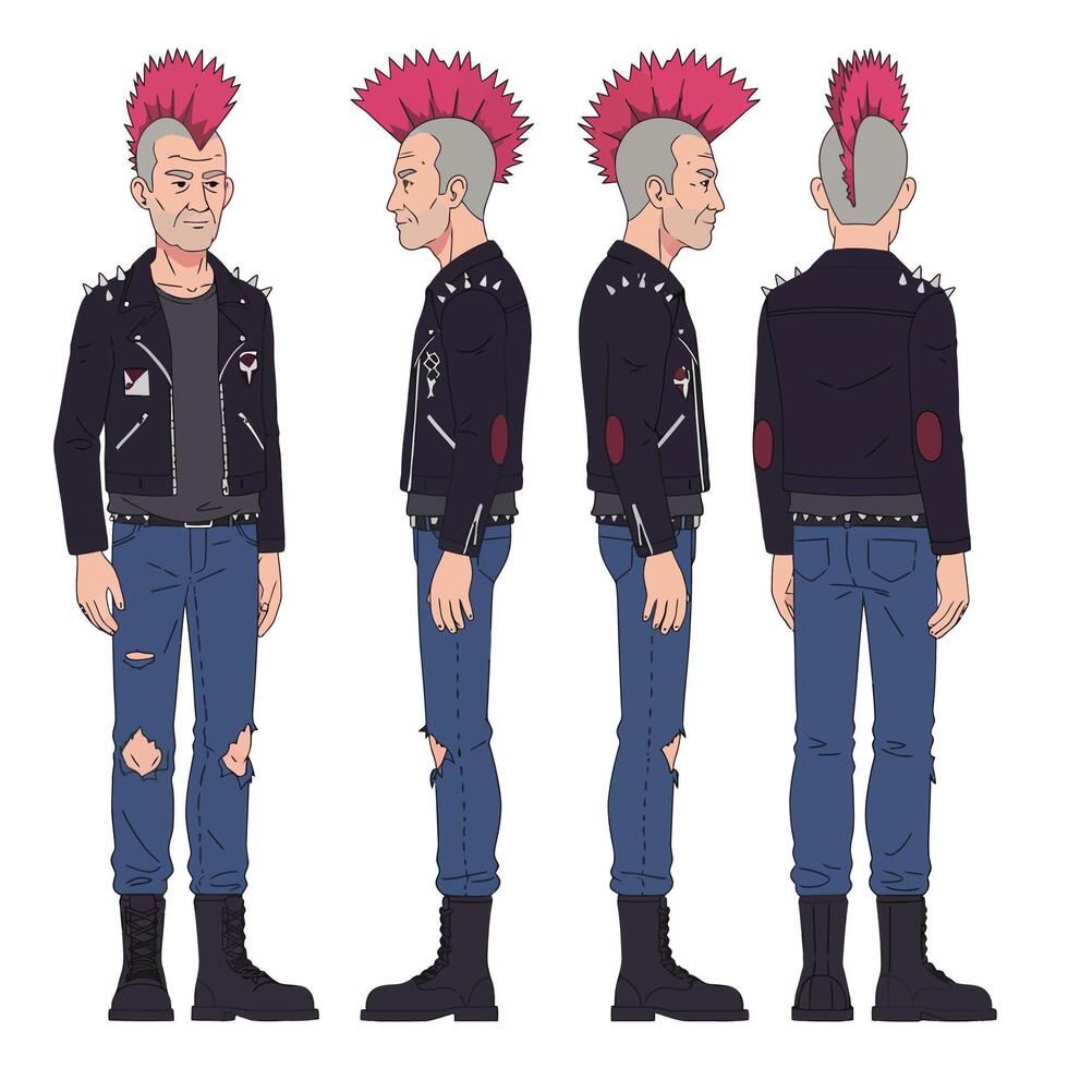 Punk character design in detailed flat style showcasing multiple angles in illustration vector