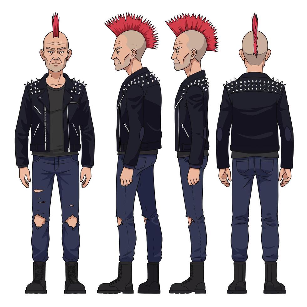 Punk character design in detailed style showcasing multiple angles of a mohawk hairstyle illustration vector